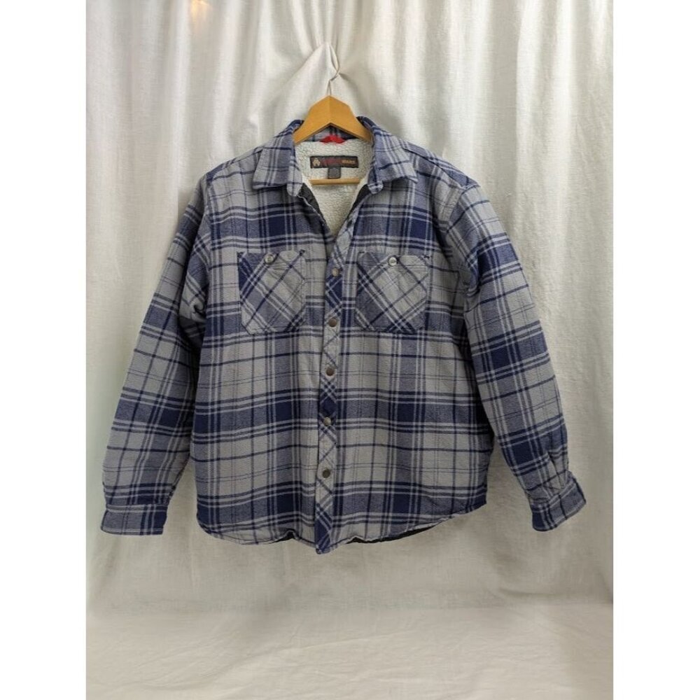 AmericaWare Men's XL sherpa lined flannel, snap closure, gray and blue plaid